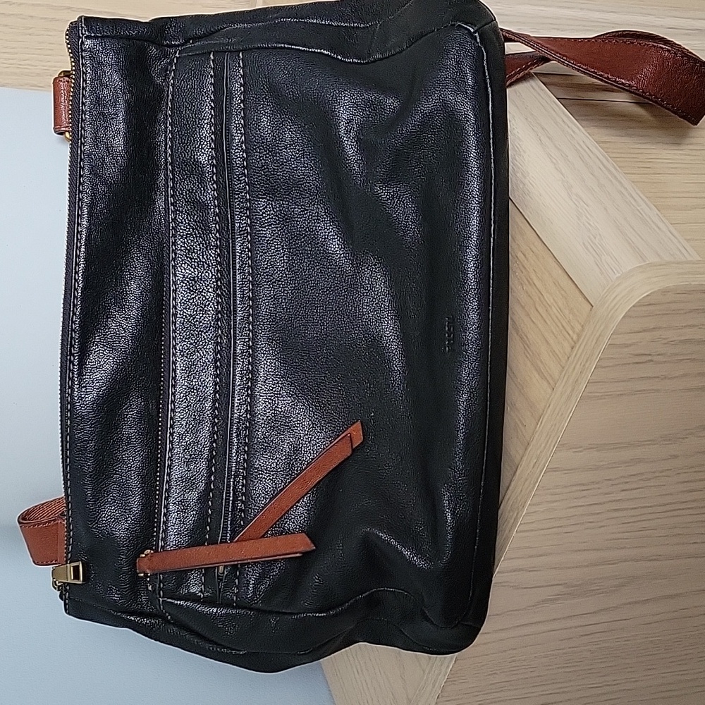 Fossil Black Soft Pebbled Leather Messenger Bag w Brown Leather and Canvas Strap